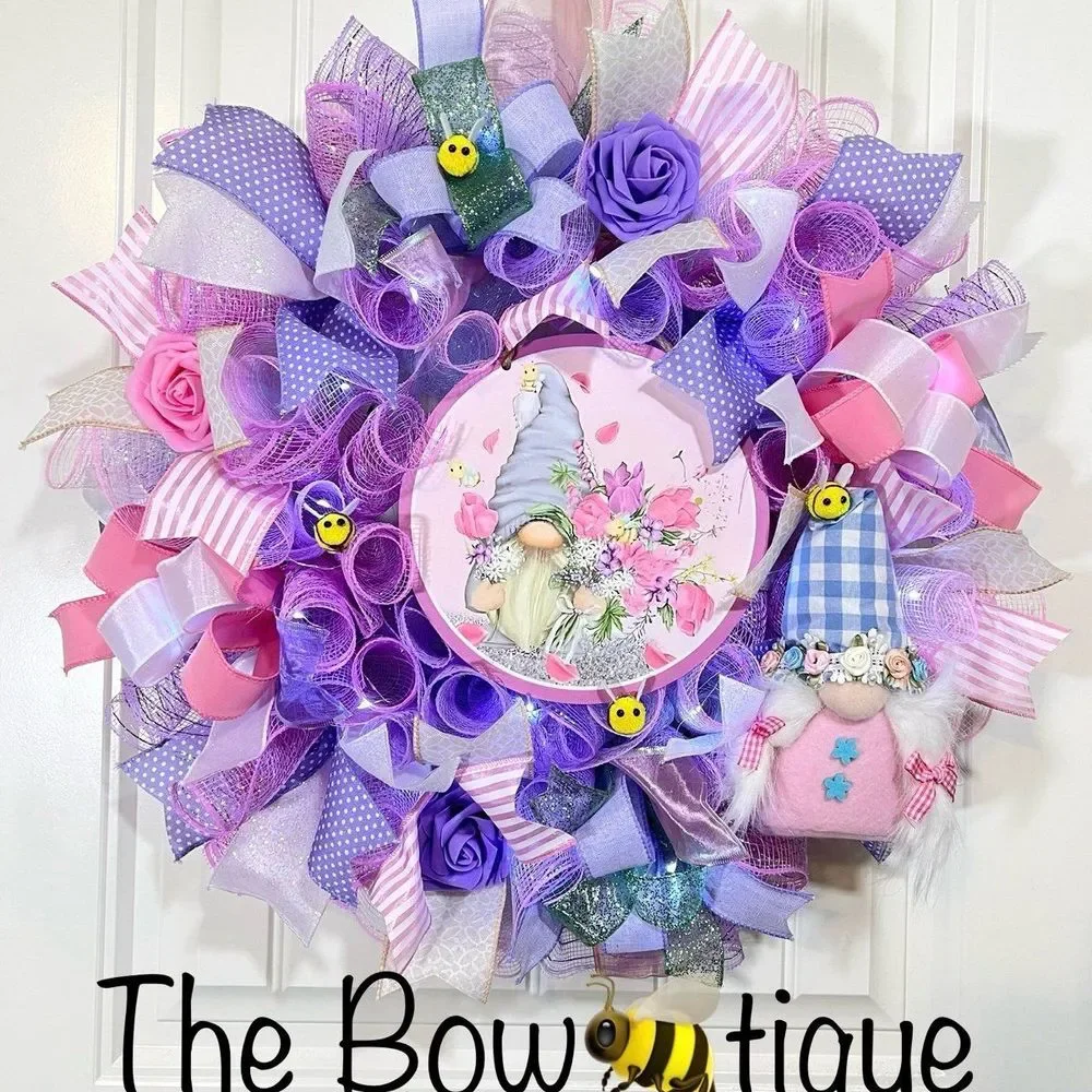 Handmade Spring Floral Bee Gnome Prelit Ribbon Wreath 22 in LED W1